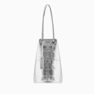 👛Marco Masi Aurora Bucket Bag Silver Calfskin Leather Metallic Tote Italy Purse👜